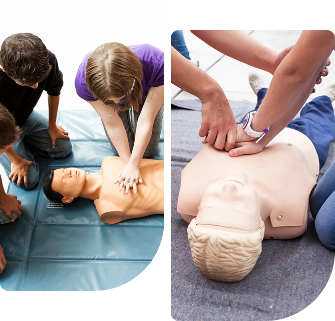 Two people are practicing cpr on a dummy.