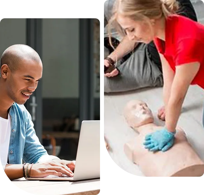 A collage of two people working on an aed.