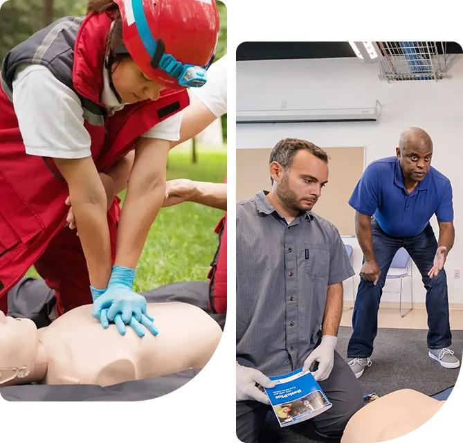 Two different pictures of people practicing cpr on dummies.