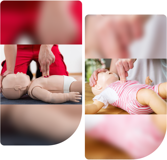 A collage of photos with baby being resuscitated